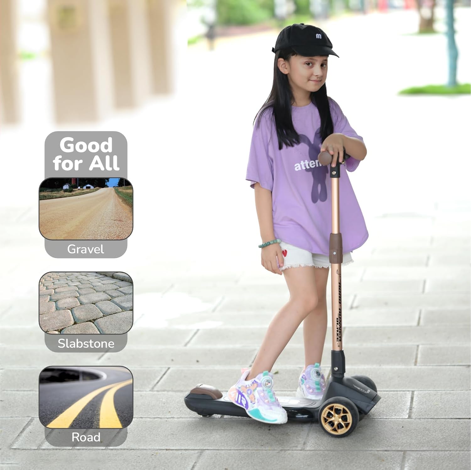R for Rabbit Road Runner Blaze 3-wheel scooter in dark grey with golden wheels, offering 4 adjustable heights, foldable design, and exciting PU LED lights with music for kids' entertainment and mobility." www.usmile.toys